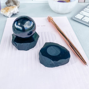 S1787 Shungite crystal sphere stand for emf protection.emf protection shungite stone for desk or workspace australia. gemrox sydney 1