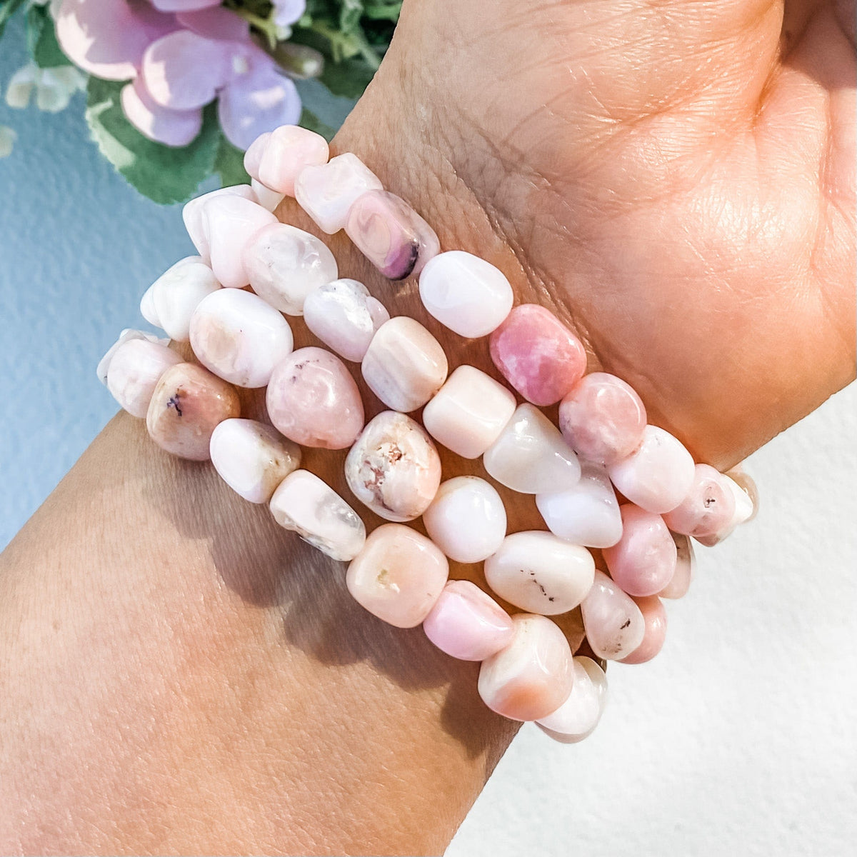 s1648 pink opal crystal mini tumbled stone stretch elastic healing bracelet australia. buy pink opal bracelet australia. gemrox sydney 1