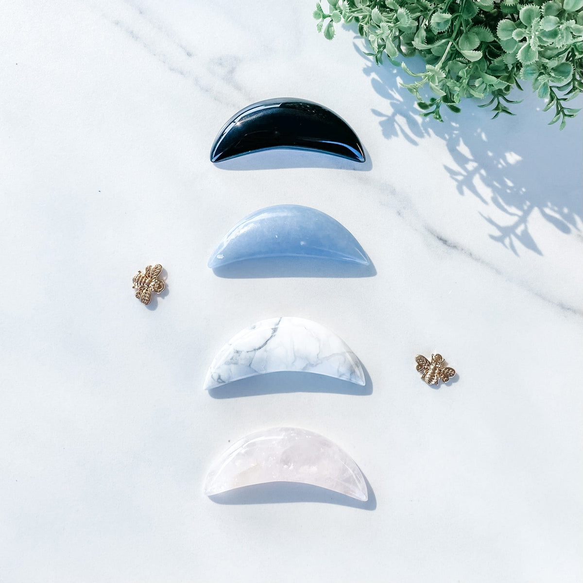 S1207 Crystal Moon Crescent Carving Stone Rose Quartz Angelite Black Obsidian White Howlite Gemrox crystals australia