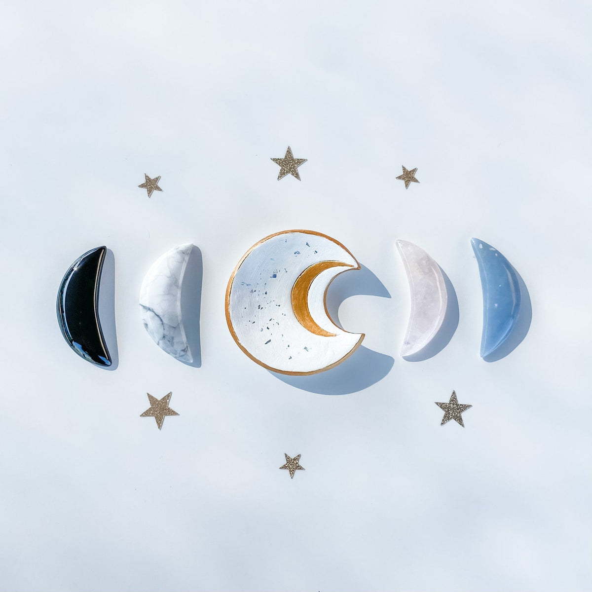 S1207 Crystal Moon Crescent Carving Stone Rose Quartz Angelite Black Obsidian White Howlite Gemrox crystals australia