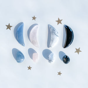 S1207 Crystal Moon Crescent Carving Stone Rose Quartz Angelite Black Obsidian White Howlite Gemrox crystals australia