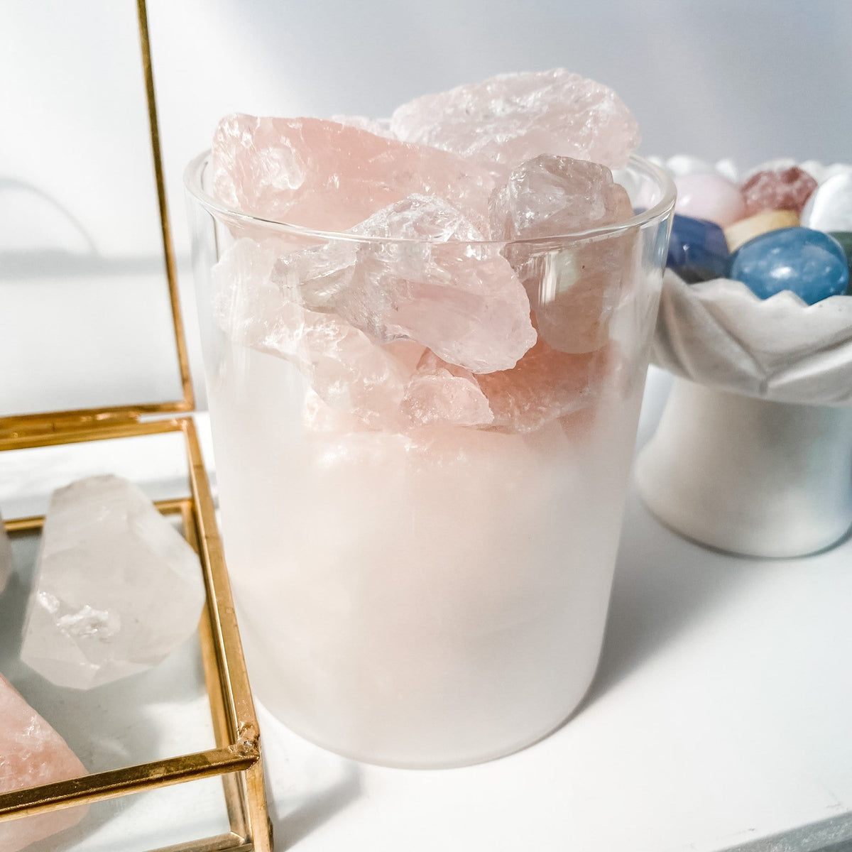 rose quartz crystal raw stone in frosted glass home decor australia
