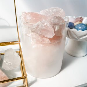 rose quartz crystal raw stone in frosted glass home decor australia