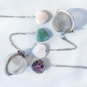 crystal heart polished stone tea strainer infuser rose quartz clear quartz green aventurine amethyst australia gemrox