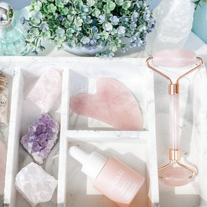 S810 Rose Quartz crystal stone gua sha and face roller duo beauty set australia. natural rose quartz stone beauty tools australia. gemrox sydney 1