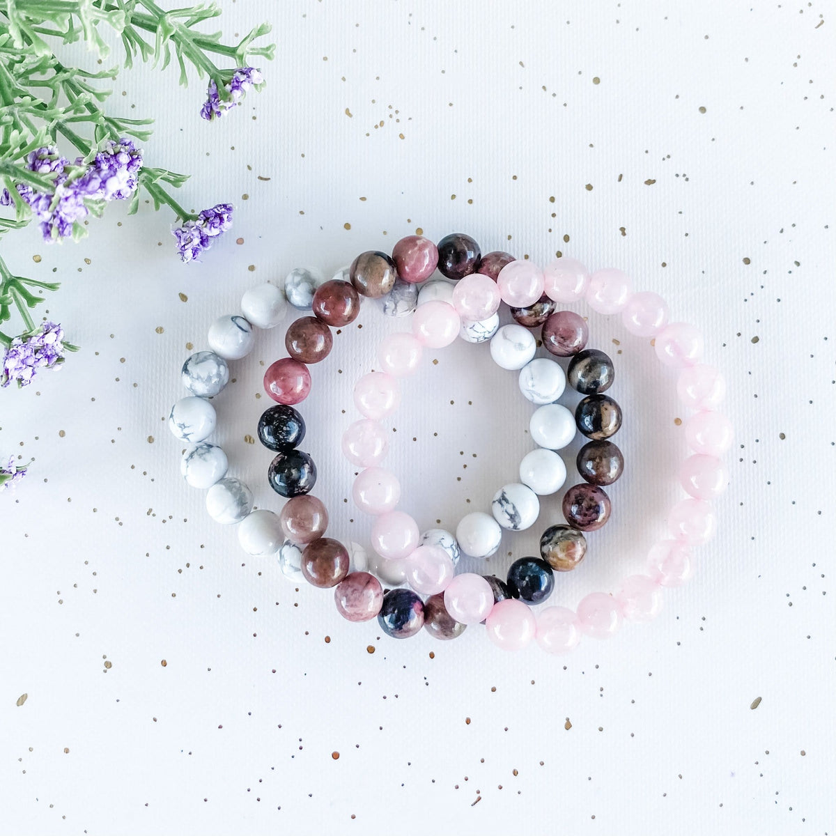 Rose Quartz White Howlite Rhodonite Crystal Bracelet Set of 3 gift pack box gemrox australia