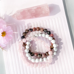 Rose Quartz White Howlite Rhodonite Crystal Bracelet Set of 3 gift pack box gemrox australia