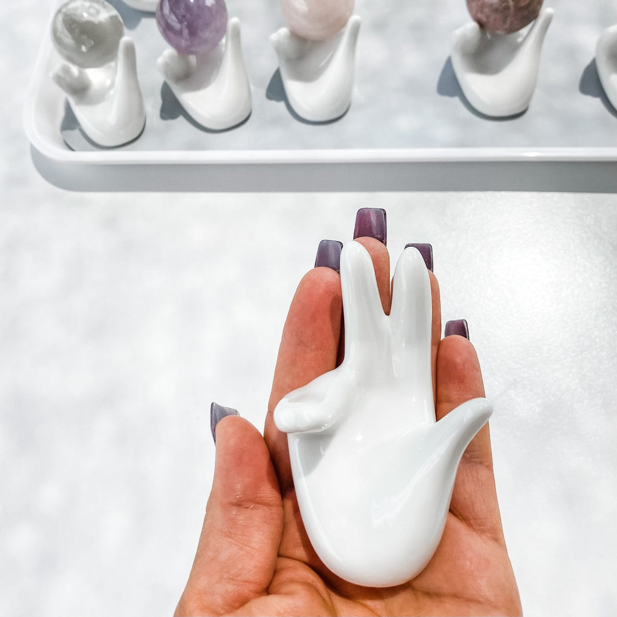 S945 White ceramic hand shaped crystal sphere stand holder gemrox australia