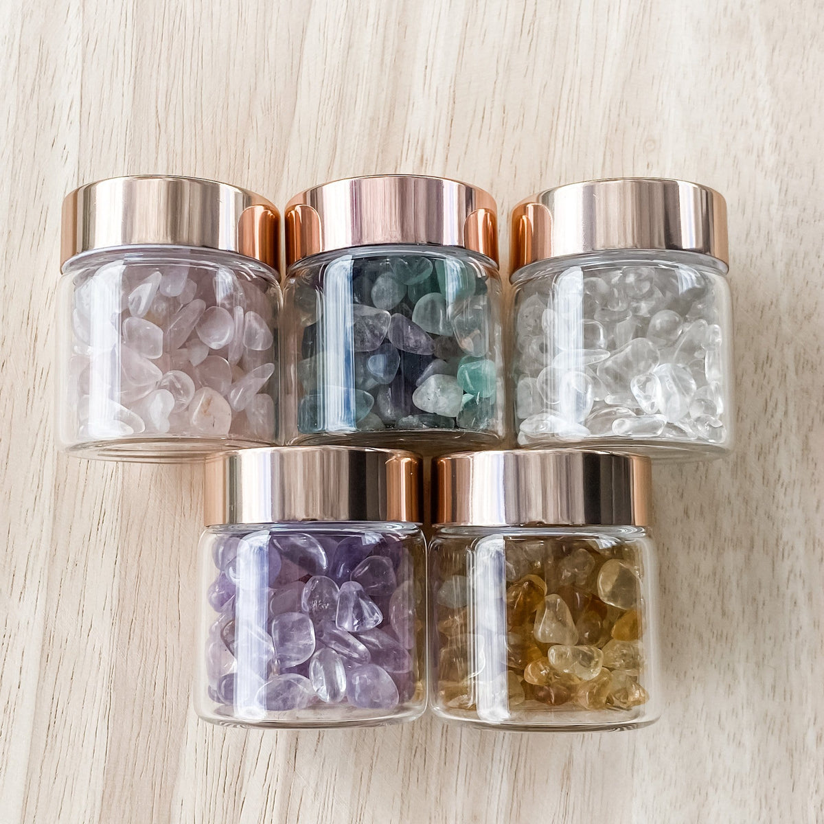 S958 Crystal Chip Stones in Glass Jar Rose Quartz Amethyst Fluorite Citrine Clear Quartz Gemrox Australia