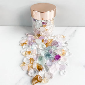 S958 Crystal Chip Stones in Glass Jar Rose Quartz Amethyst Fluorite Citrine Clear Quartz Gemrox Australia