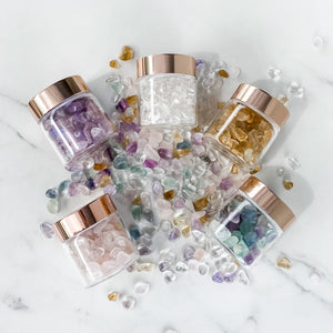 S958 Crystal Chip Stones in Glass Jar Rose Quartz Amethyst Fluorite Citrine Clear Quartz Gemrox Australia
