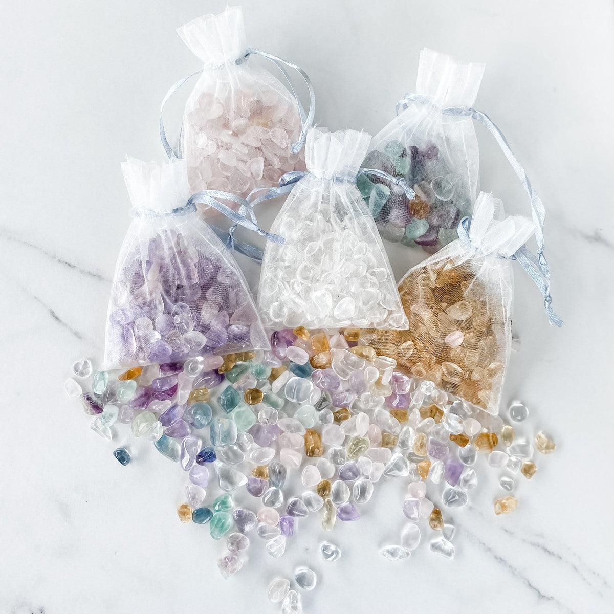 crystal chip stones in organza bag rose quartz amethyst clear quartz fluorite clear quartz citrine gemrox australia