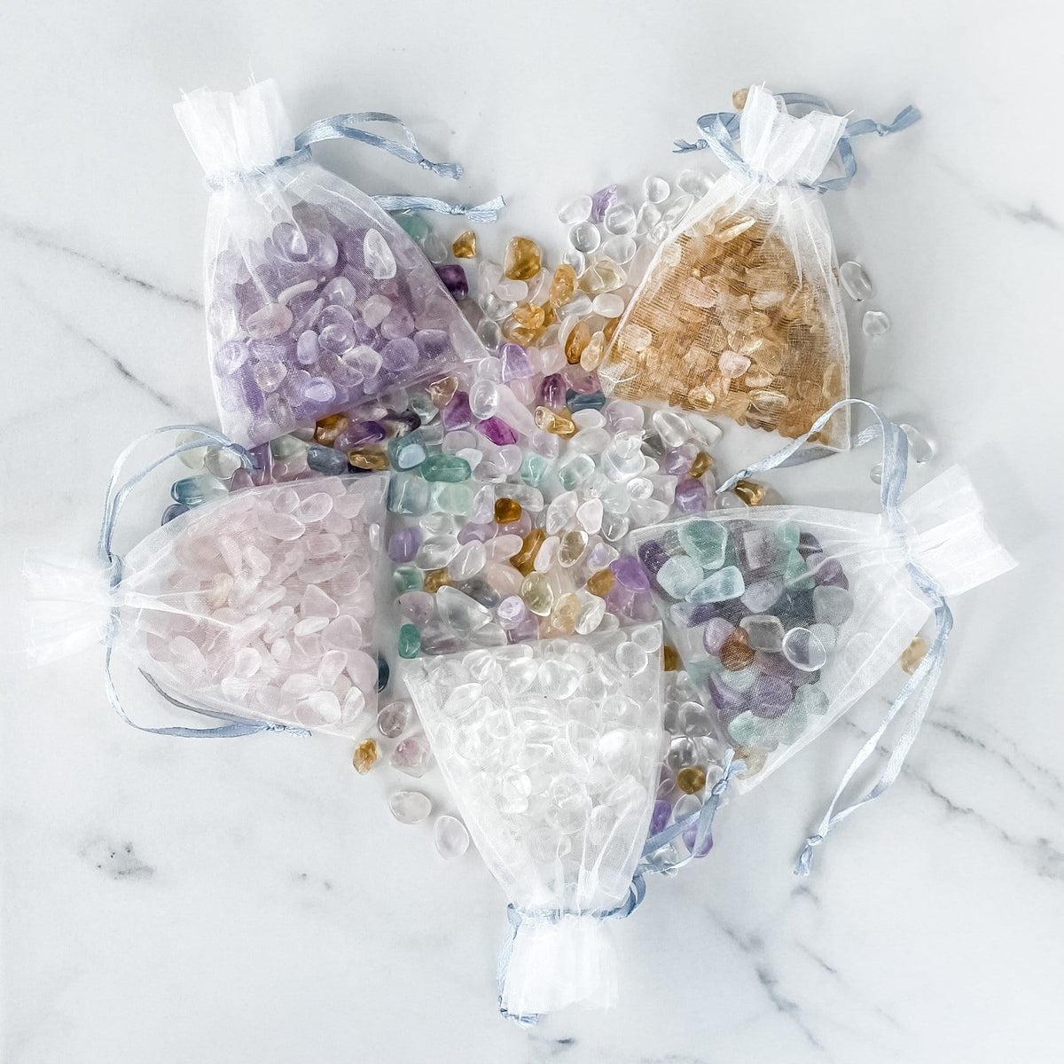 crystal chip stones in organza bag rose quartz amethyst clear quartz fluorite clear quartz citrine gemrox australia