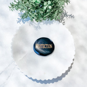 Black Obsidian Engraved Word Palmstone 'PROTECTION'-4cm