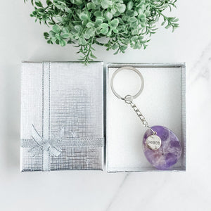 s1157 amethyst crystal stone key ring key chain australia. amethyst peace worded keychain polished stone keyring .crystals australia.gemrox sydney 1