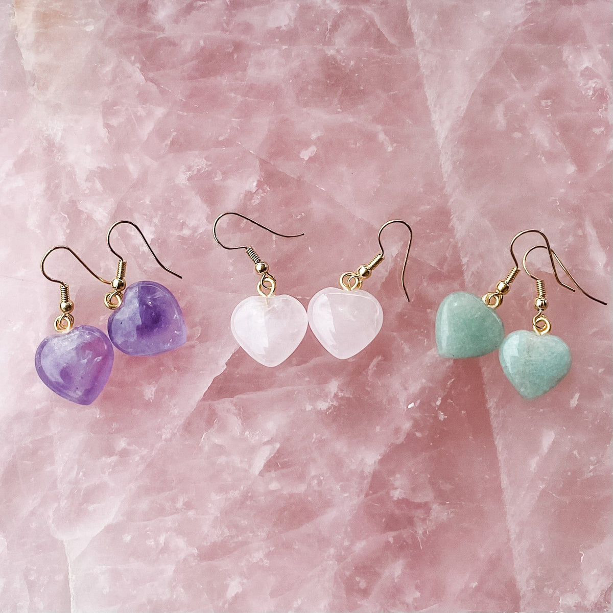 s1373 rose quartz amethyst green aventurine crystal heart shaped stone earrings australia gemrox sydney 1