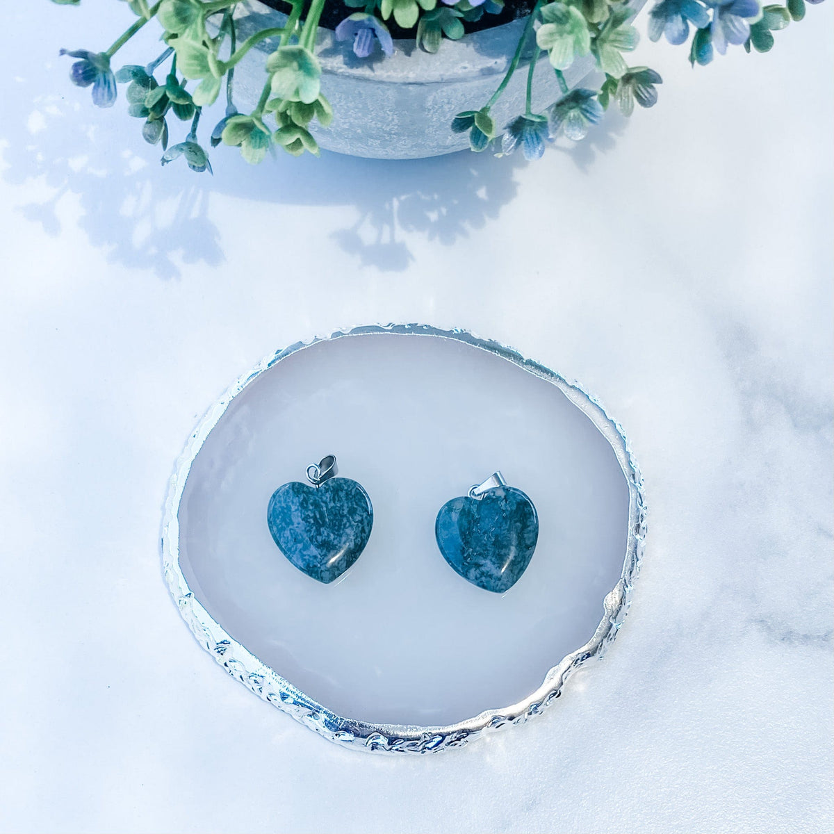 s1397 moss agate crystal heart shaped stone pendant necklace stainless steel silvere 42cm australia gemrox sydney 1