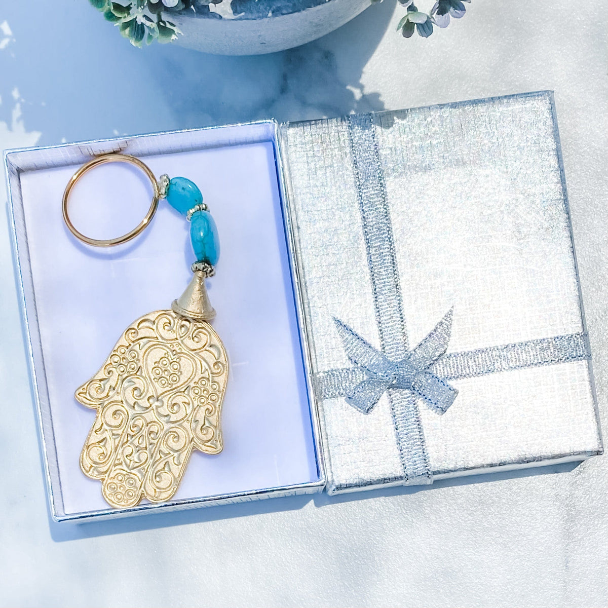 s1427 Turkish hamsa hand gold plated protection key ring key chain with turqouise stones australia gemrox sydney 1