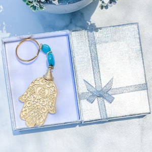 s1427 Turkish hamsa hand gold plated protection key ring key chain with turqouise stones australia gemrox sydney 1