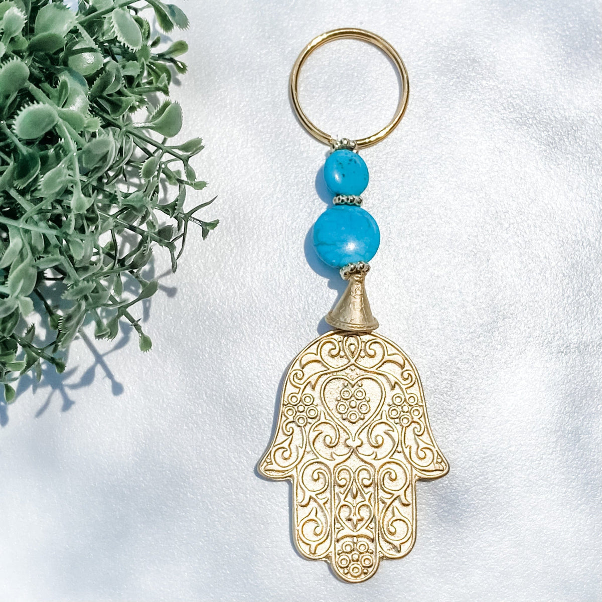 s1427 Turkish hamsa hand gold plated protection key ring key chain with turqouise stones australia gemrox sydney 1