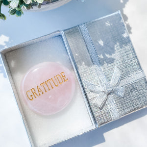 s1473 rose quartz crystal palm stone engraved with gold word gratitude australia. rose quartz palm stone inspirational wording australia gemrox sydney 1