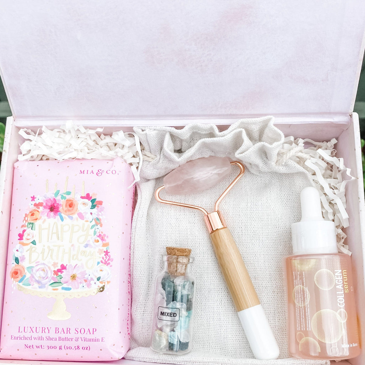 s1588 happy birthday crystal and beauty gift pack present australia. rose quartz bamboo facial tool with serum duo pack australia 1