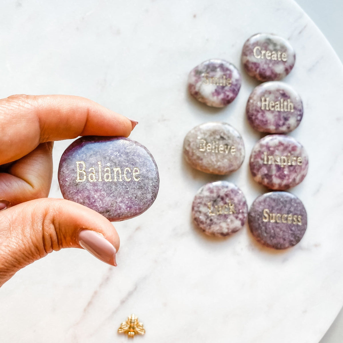 pink lepidolite engraved word inspirational balance meditation palm