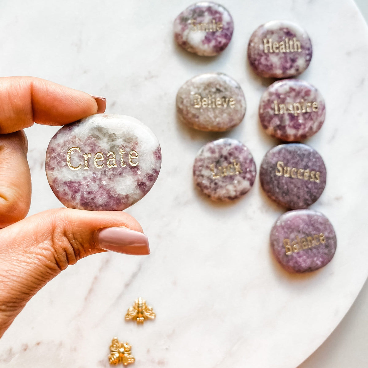 pink lepidolite engraved word inspirational create meditation palmstone