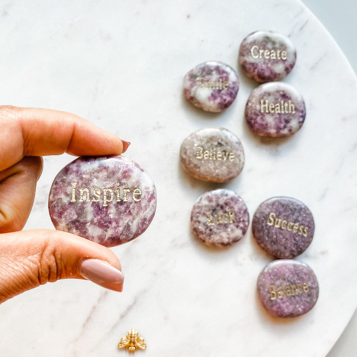 pink lepidolite crystal engraved word inspirational word palmstone australia