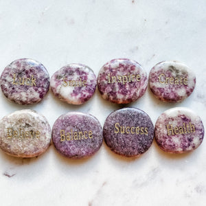 pink lepidolite crystal engraved word inspirational word palmstone australia