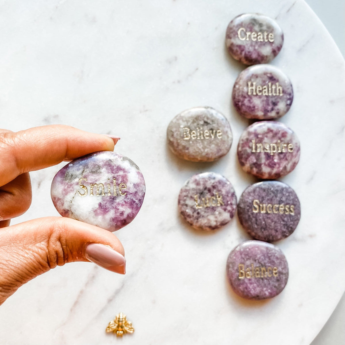 pink lepidolite crystal engraved word smile inspirational meditation palmstone australia