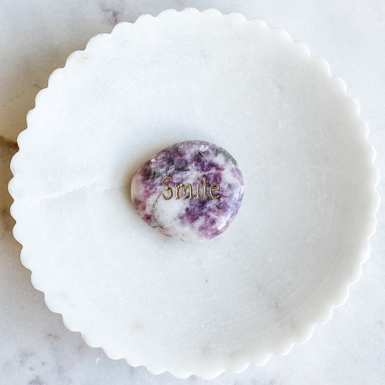 pink lepidolite crystal engraved word smile inspirational meditation palmstone australia