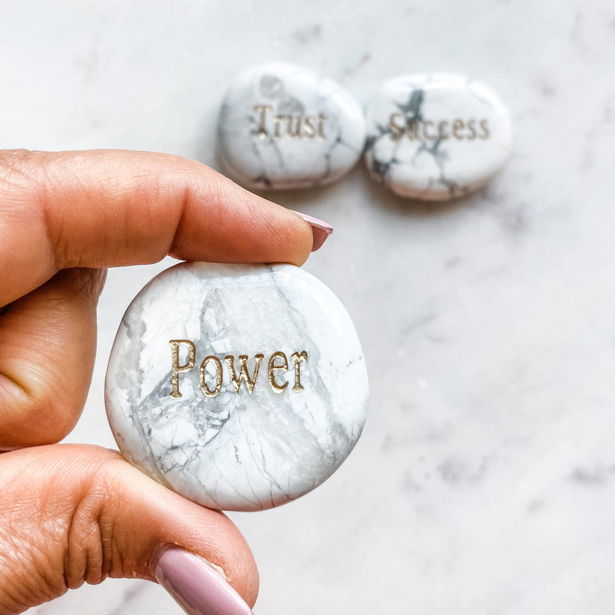 white howlite crystal engraved word power inspirational palmstone meditation worrystone australia