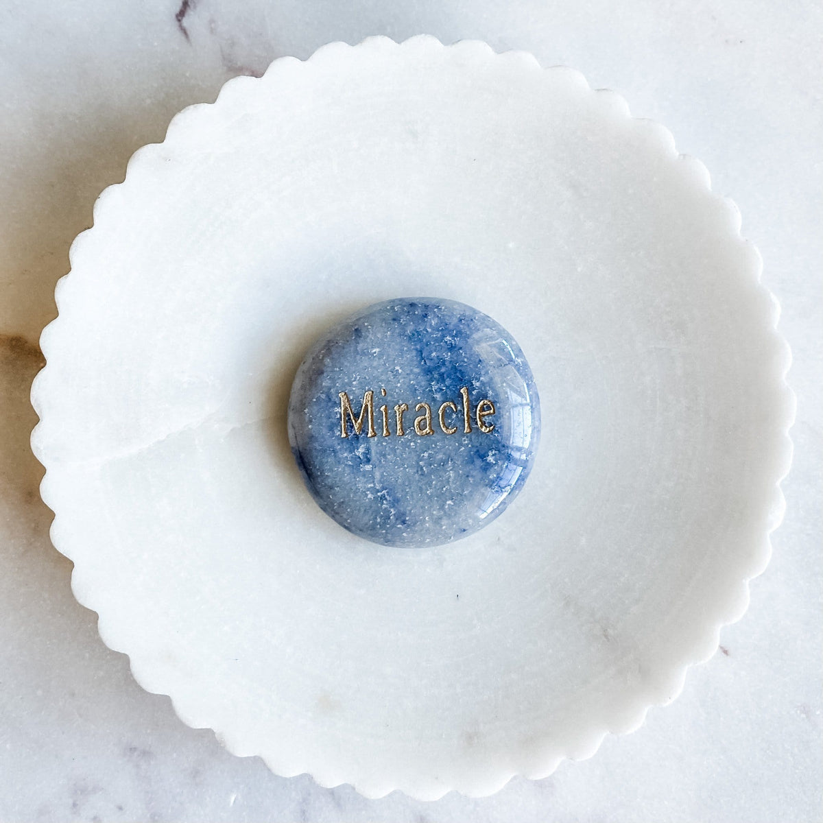 blue aventurine engraved word inspirational palmstone MIRACLE