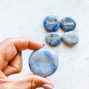 blue aventurine engraved word inspirational palmstone MIRACLE