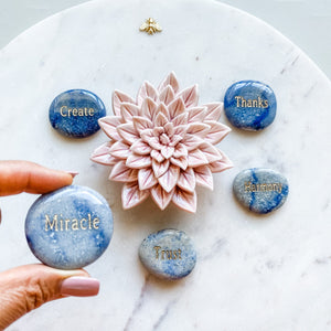 blue aventurine engraved word inspirational palmstone MIRACLE