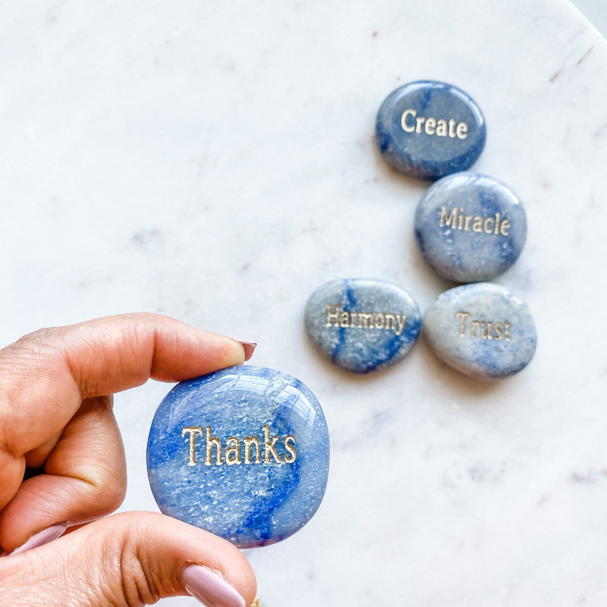 blue aventurine engraved word inspirational palmstone THANKS