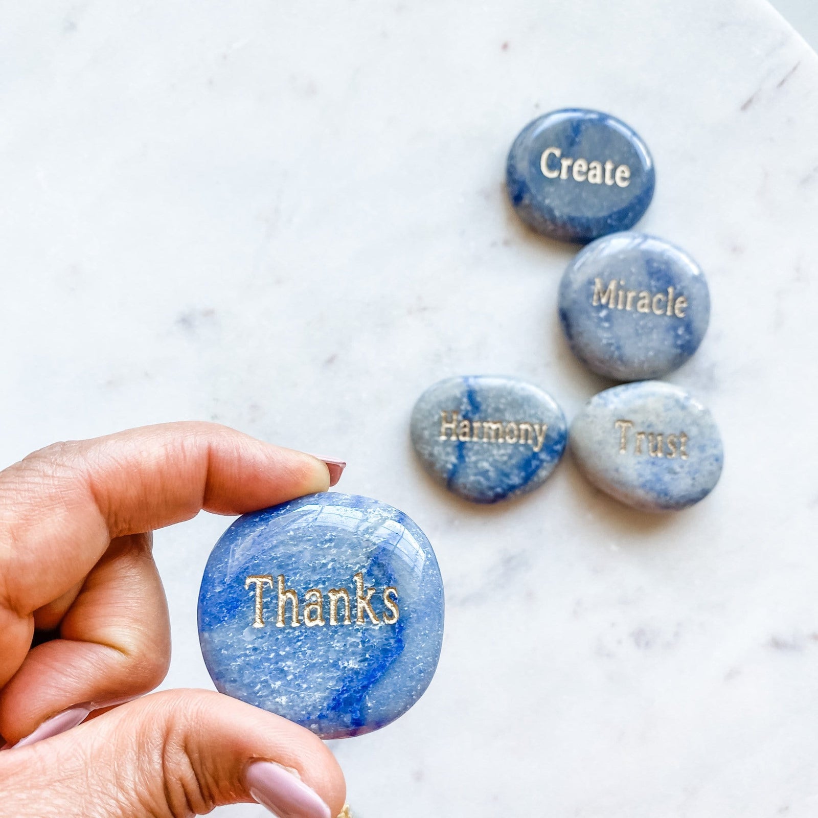 blue aventurine engraved word inspirational palmstone THANKS