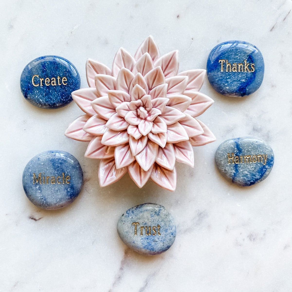 blue aventurine engraved word inspirational palmstone THANKS