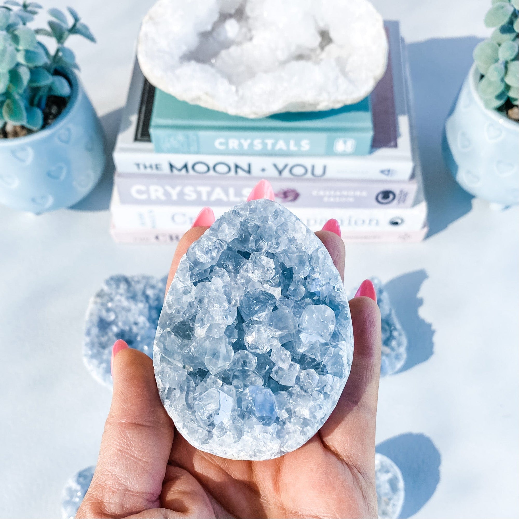 S1666 Celestite crystal geode egg shaped cluster 7.5cm Australia. Buy celestite crystal australia. gemrox sydney 1