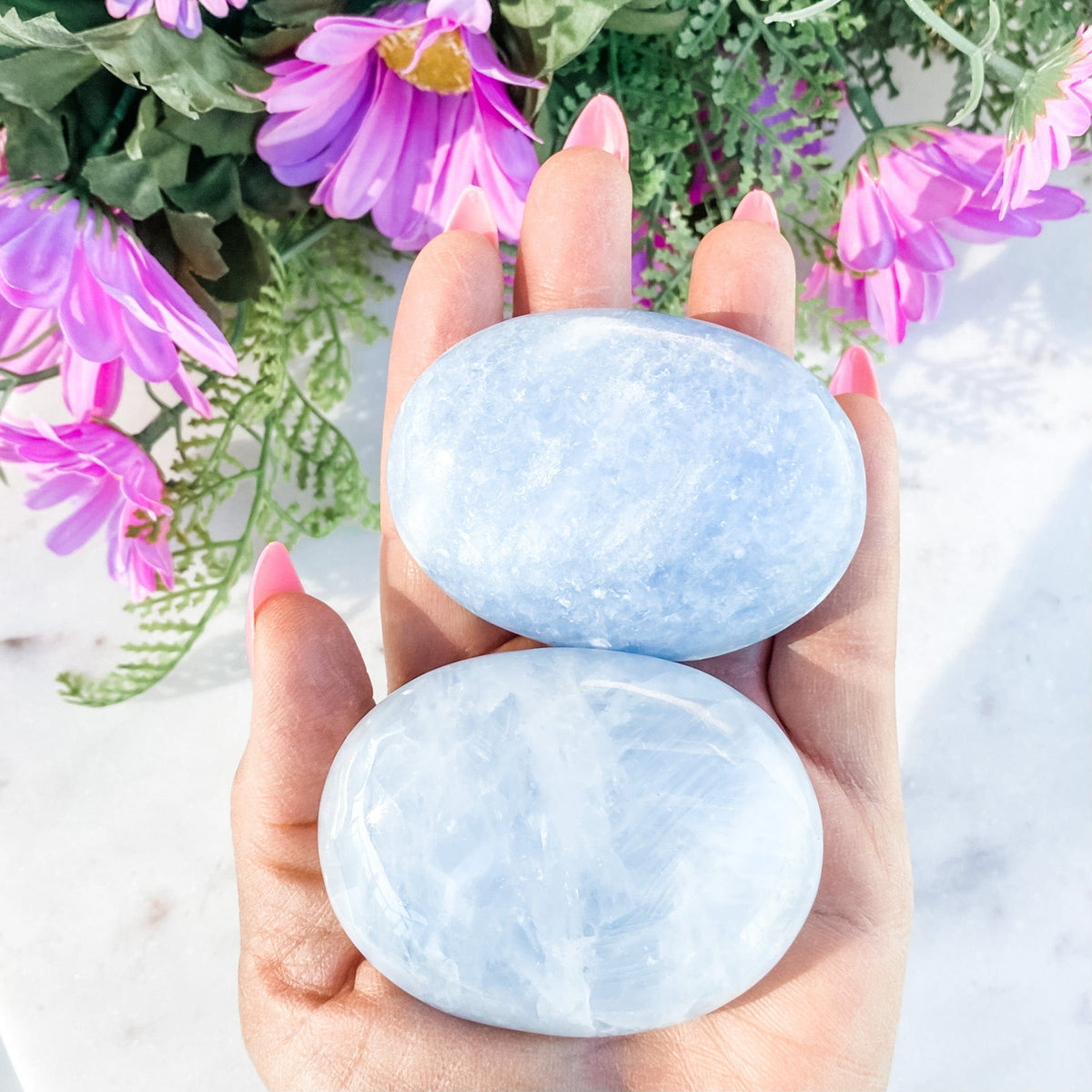 S1674 Blue calcite crystal palm stone palmstone 6cm large australia. Buy blue calcite palmstones australia. gemrox sydney 1