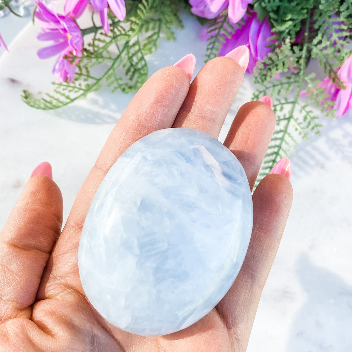 S1674 Blue calcite crystal palm stone palmstone 6cm large australia. Buy blue calcite palmstones australia. gemrox sydney 1
