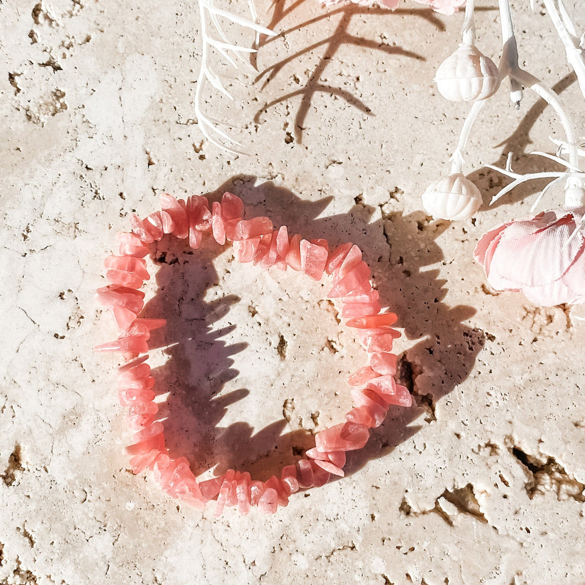 S1731 Rhodochrosite crystal chip elastic stretch healing chakra bracelet australia. rhodochrosite jewellery bracelets australia. gemrox sydney 1