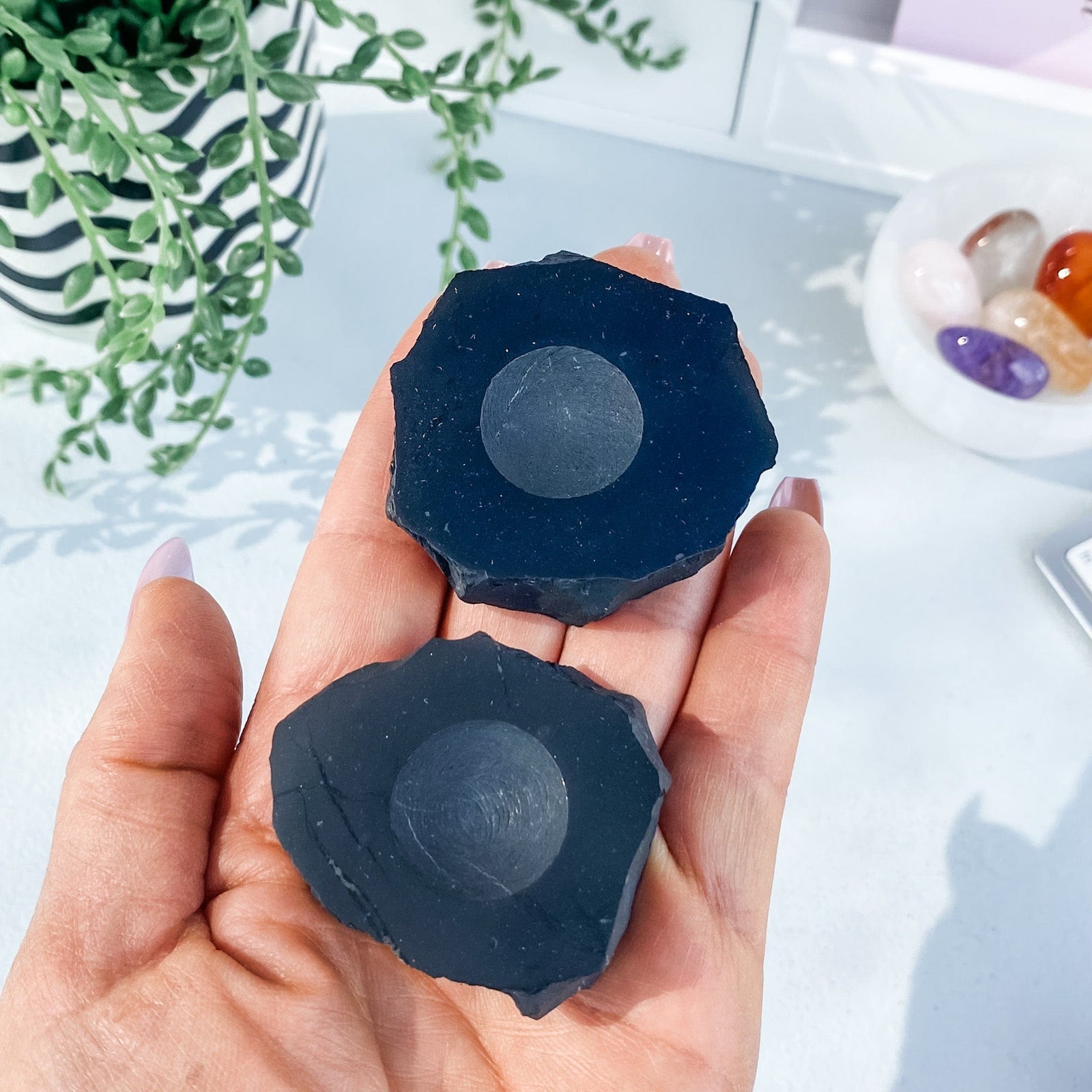 S1787 Shungite crystal sphere stand for emf protection.emf protection shungite stone for desk or workspace australia. gemrox sydney 1