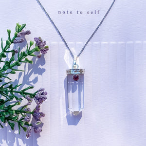 S1789 Clear Quartz and Garnet combination crystal point pendant necklace silver australia. clear quartz jewellery australia. gemrox sydney 1