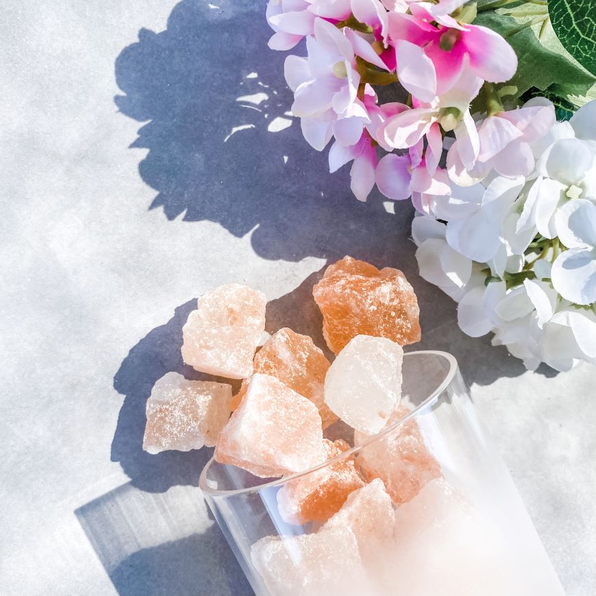 Pink himalayan salt rock home decor in frosted glass.Home decoration salt rocks in frosted glass from Gemrox Syndey australia.Crystal shop sydney crystals online.Himalayan salt rocks australia