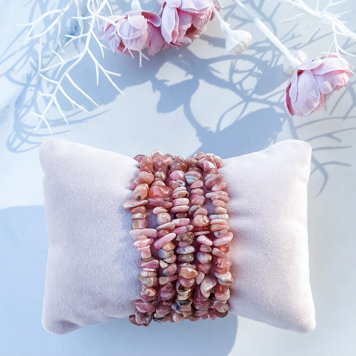 s1725 rhodochrosite crystal chip healing stretch elastic bracelet australia. rhodochrosite jewellery bracelets australia.gemrox sydney 1