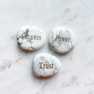 white howlite crystal engraved word power inspirational palmstone meditation worrystone australia