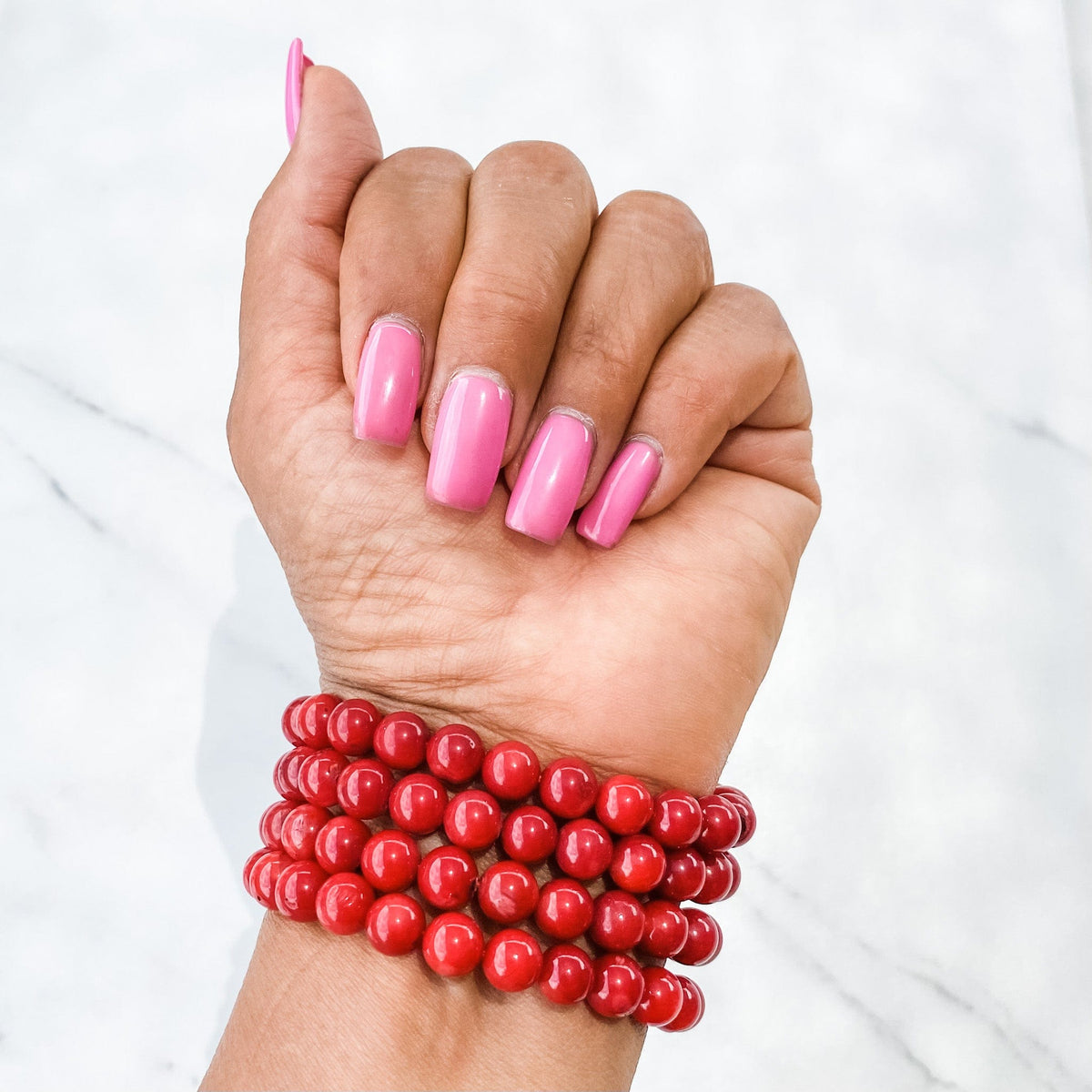 S1100 Red Coral Agate Beaded stone stretch healing bracelet gemrox sydney crystals australia bracelet stack 1