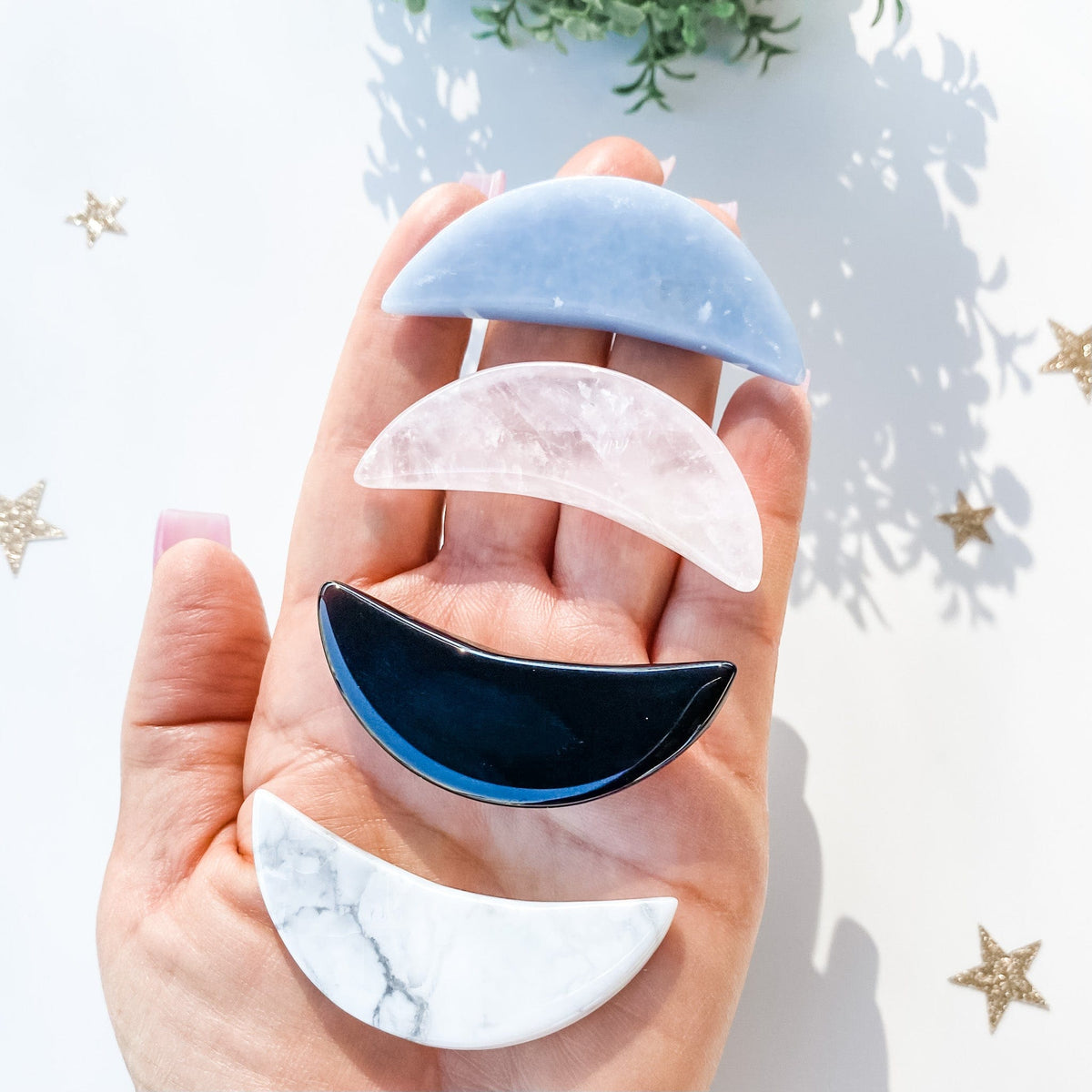 S1207 Crystal Moon Crescent Carving Stone Rose Quartz Angelite Black Obsidian White Howlite Gemrox crystals australia